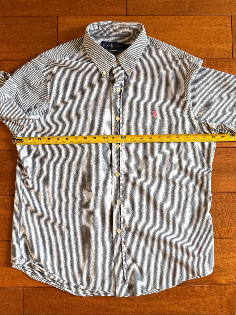 Ralph Lauren Seersucker Blue White Stripe SS Button-Down Pink Horse Shirt - L - Picture 11 of 11